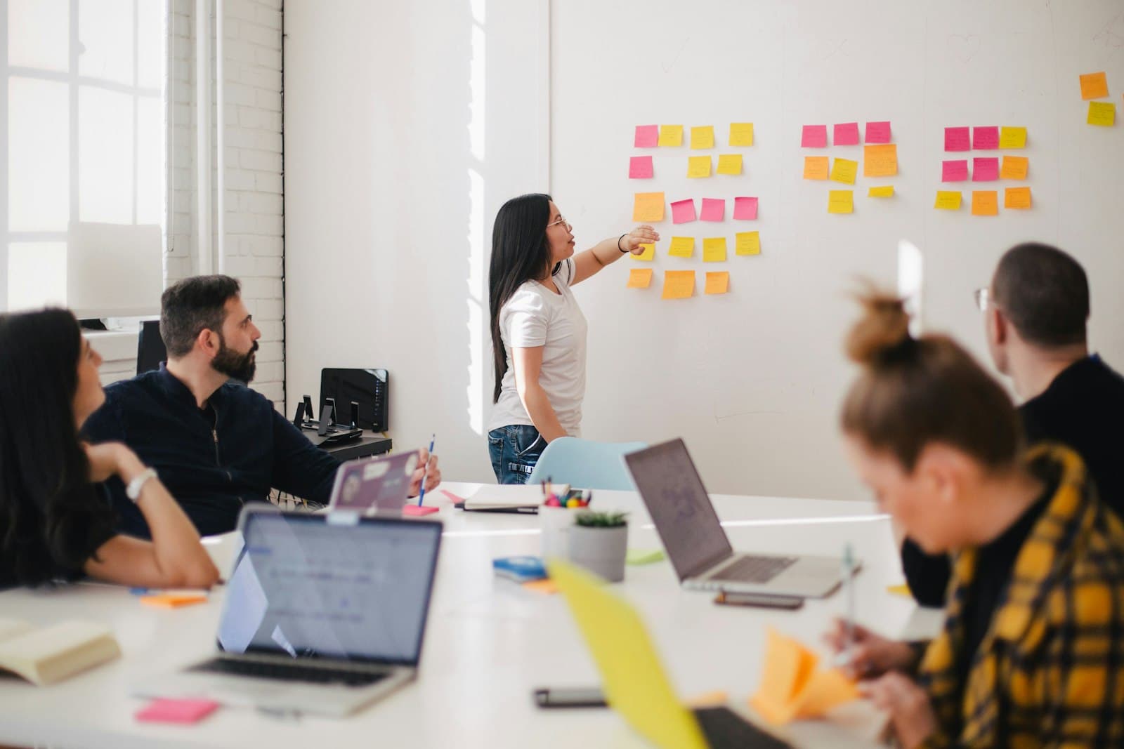 Team workshopping plans on a whiteboard